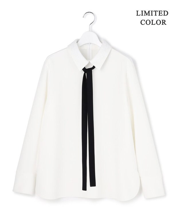 ICB L 【WEB限定カラーあり】マラボーテＷジョーゼット ボウタイ付きシャツカラートップス オフホワイト×レース襟［WEB限定］