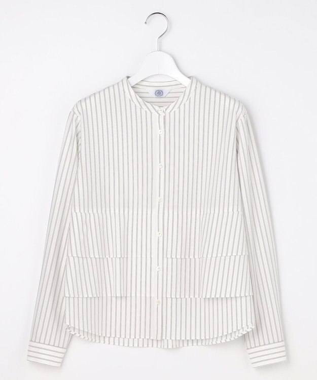 J.PRESS LADIES ストライプジャージー フリル カットソー ホワイトベース系