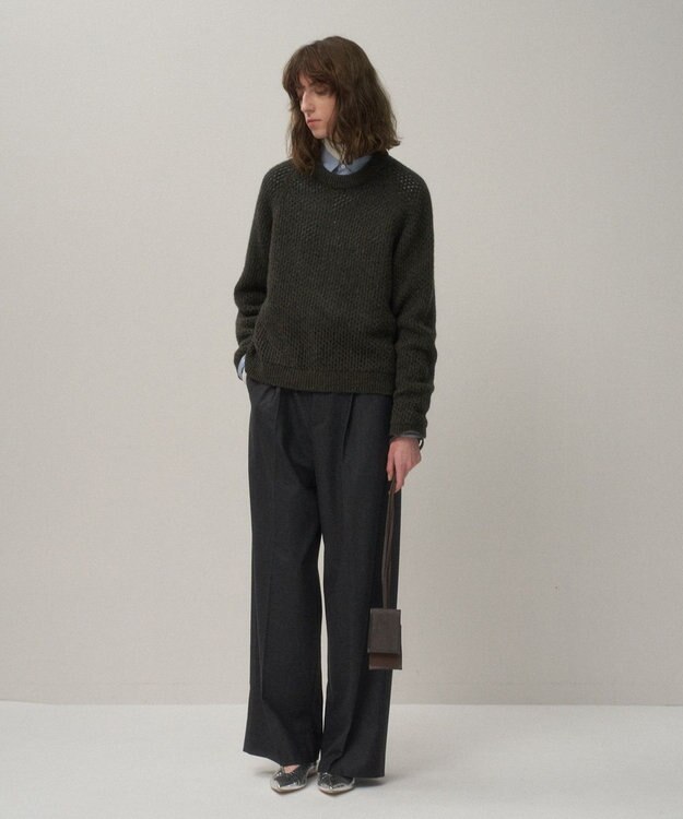ATON WOOL CASHMERE ALPACA | メッシュクルーネックセーター KHAKI