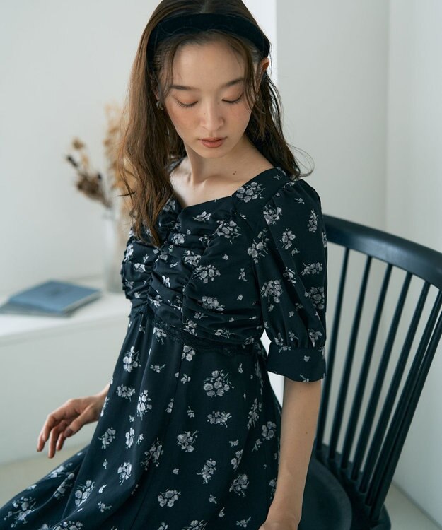 earth music&ecology レース切替フラワーロングワンピース Black