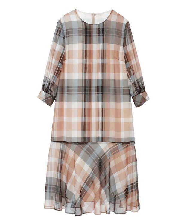 DAKS ビッグトランスチェックシフォンワンピース ベージュ