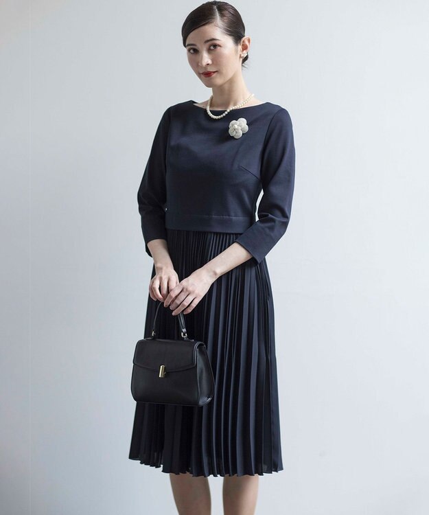 組曲 L 【KUMIKYOKU NAVY】ジャージーコンビプリーツ ワンピース ネイビー系