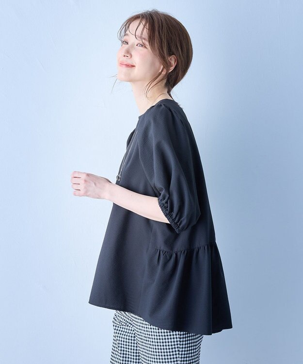 ANY サッカーギャザーバックペプラムブラウス ブラック