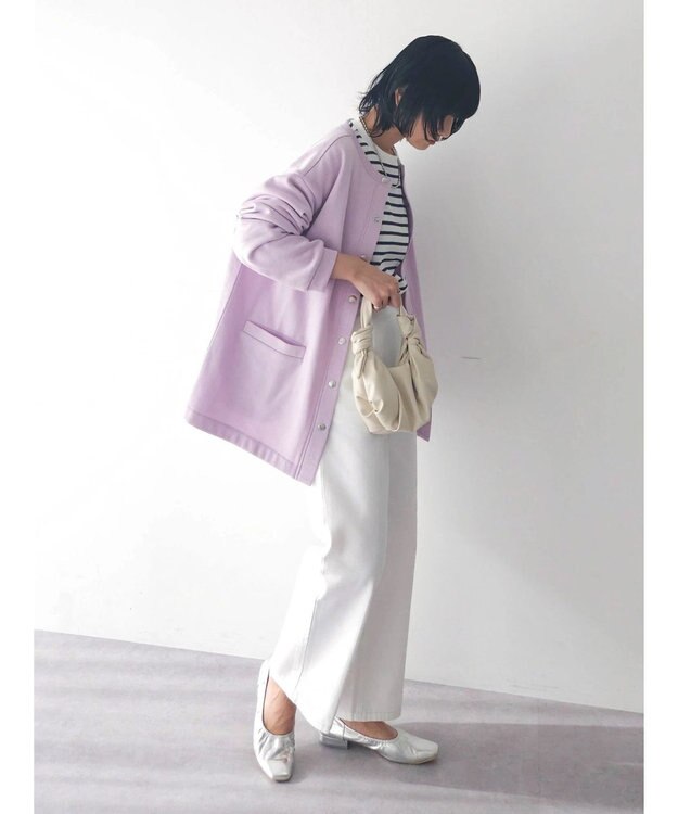 Green Parks 裏起毛ミディ丈ドットボタンカーディガン Purple