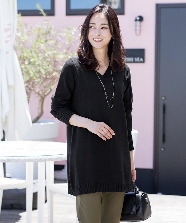 Tiaclasse L 【洗える】Vネックリブニットチュニック ブラック