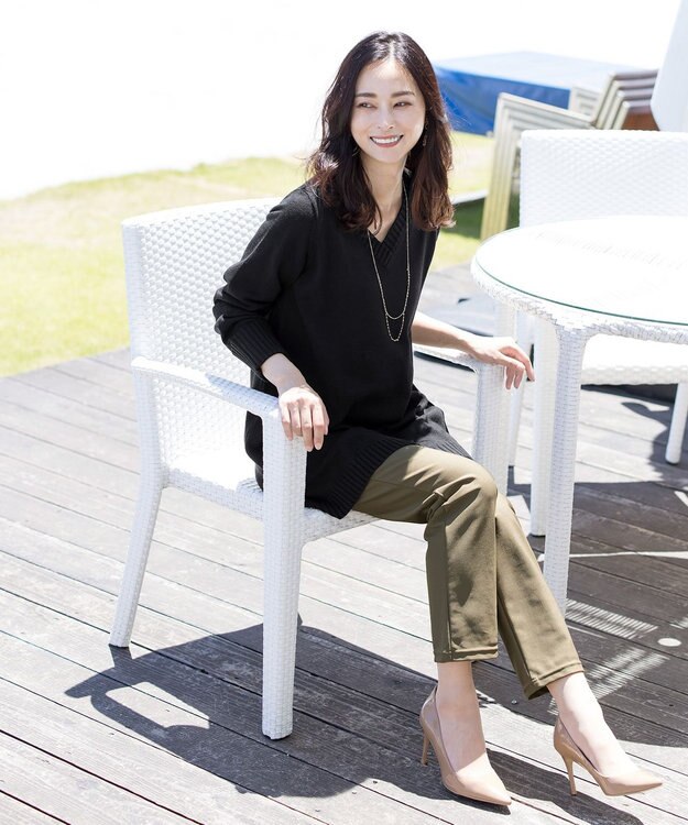 Tiaclasse L 【洗える】Vネックリブニットチュニック ブラック