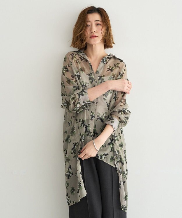 YECCA VECCA フラワー柄シアーロングシャツ Light Khaki