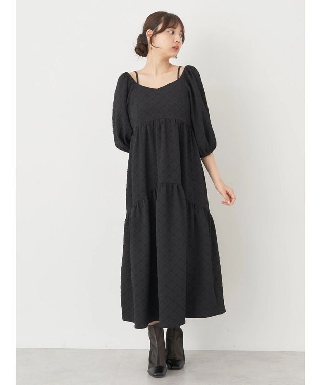 earth music&ecology ２ｗａｙパフスリーブ表面感ワンピース Black