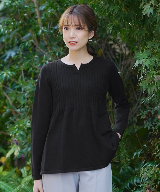 Tiaclasse 【洗える】リブ切り替えフレアニットトップス ブラック