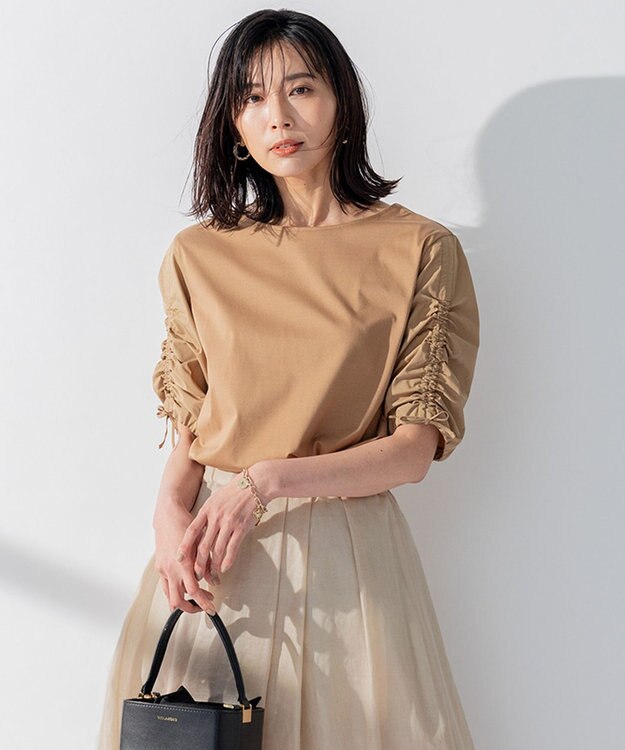 23区 L 【洗える】タックディテールプルオーバー ギャザー カットソー キャメル系