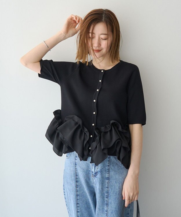YECCA VECCA パール釦ラッフル5分袖カーディガン Black