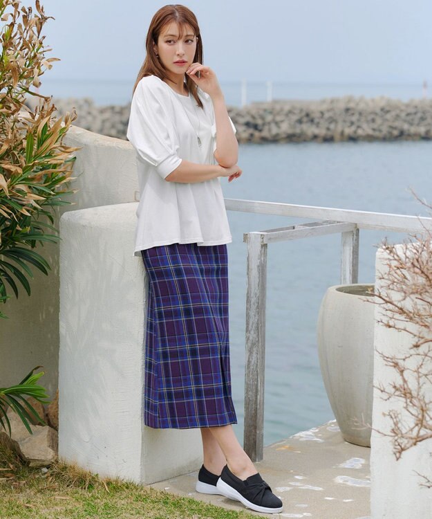 Tiaclasse 【洗える】カラミチェックスカート ブルー