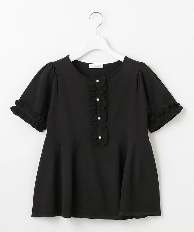 Feroux 【洗える】フリルデザインペプラムニットトップス ブラック系