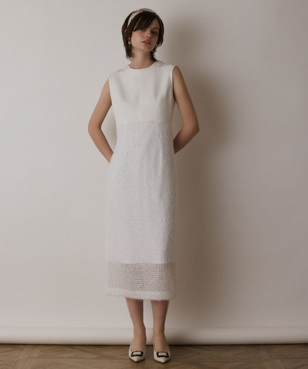 GRACE CONTINENTAL フェザー刺繍コンビワンピース ホワイト