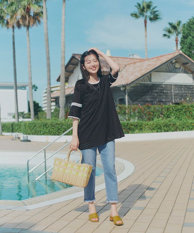 Tiaclasse パンチングレース配色チュニック ブラック×オフホワイト