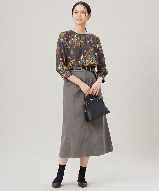 自由区 S 【洗える】フラワーガーデンプリント ブラウス スレート