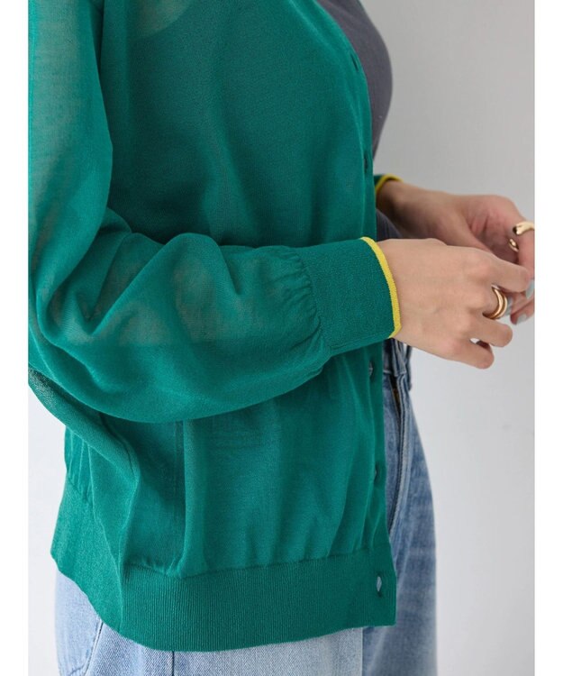 AMERICAN HOLIC バイカラーシアーニットカーディガン Green