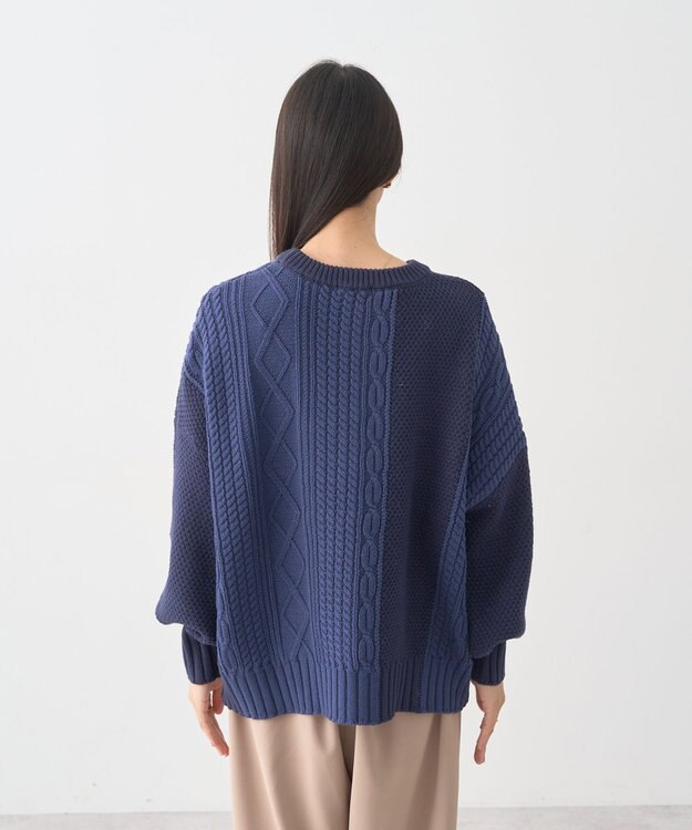 earth music&ecology 【洗濯機洗い可】アンチピリングC/Aパッチワークケーブルニット ネイビー