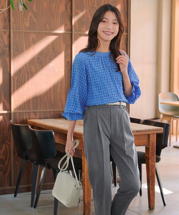 Tiaclasse シアーチェックブラウス ブルー