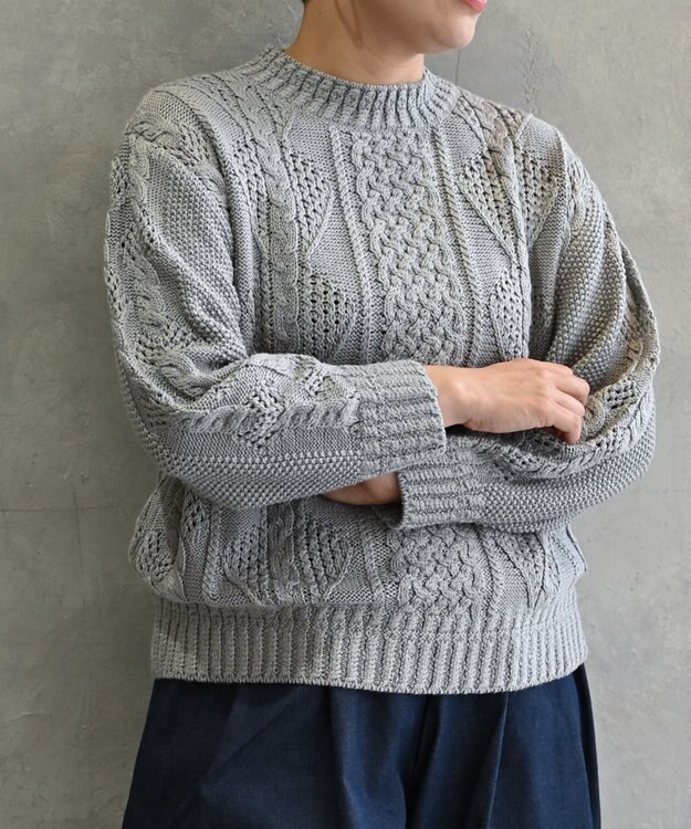 muuc 〈オーガニックコットン〉〈高品質スーピマ超長綿〉ローゲージニット アラン模様セーター LGRY  ライトグレー