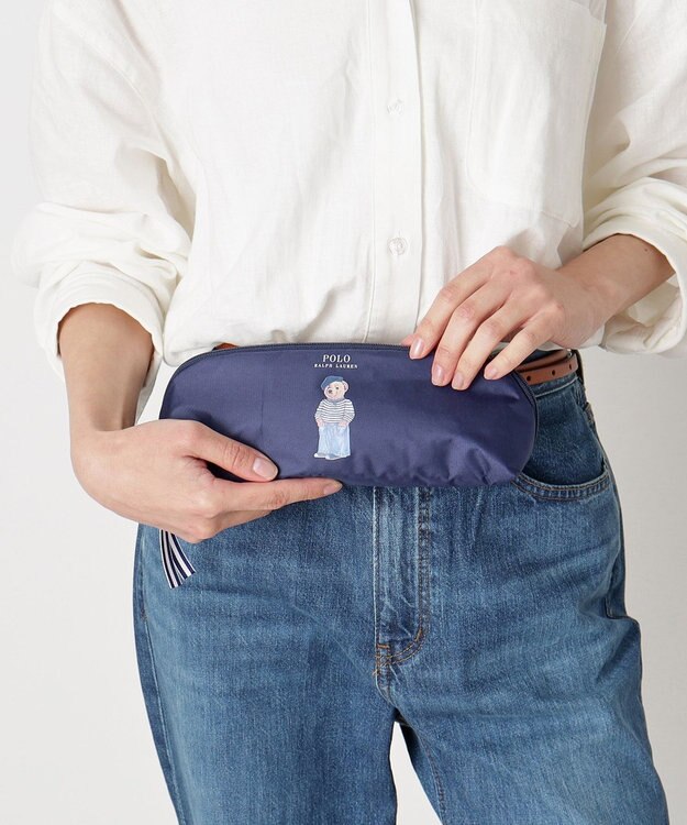MOONBAT 【WEB限定】 POLO RALPH LAUREN（ポロ ラルフローレン） 晴雨兼用日傘 ワンポイントポロベア プリント 折りたたみ傘 ポーチタイプ 1級遮光/遮熱/遮光 ディープブルー