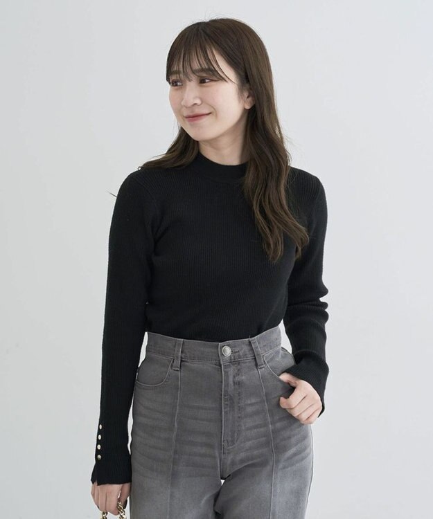 Green Parks もちやわ　袖口釦リブニットプルオーバー Black