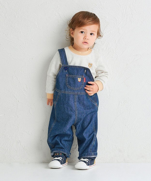 MIKI HOUSE HOT BISCUITS 【70-110cm】ワンポイント 6オンスデニム オーバーオール インディゴブルー