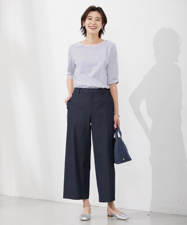 J.PRESS LADIES 【接触冷感・UVケア】 スムースジャージー タックスリーブ ボーダー カットソー ネイビー系1