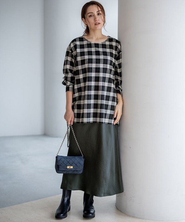 23区 L 【Lサイズ限定】ブラッシュド ビエラチェック ノーカラーブラウス モノトーン系