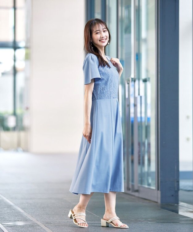 Tiaclasse L 【洗える】フレアスリーブレースコンビワンピース ブルー