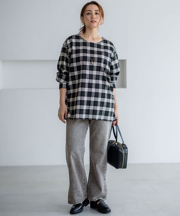 23区 L 【Lサイズ限定】ブラッシュド ビエラチェック ノーカラーブラウス モノトーン系