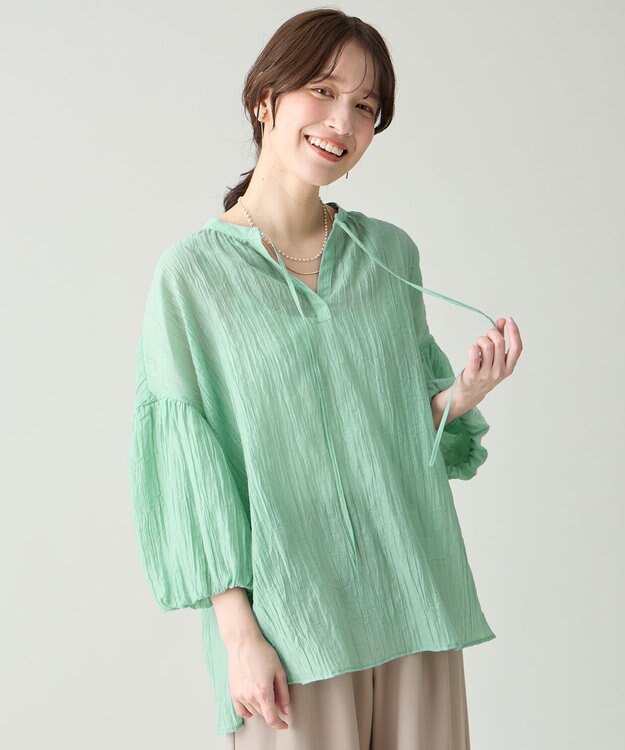 ANY L バルーンスリーブスキッパーブラウス グリーン
