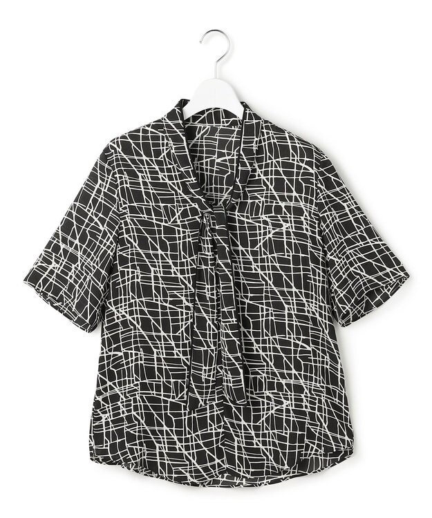 ICB L 【新色追加】BackSatinAmunzen 5分袖配色ボウタイブラウス ブラック柄