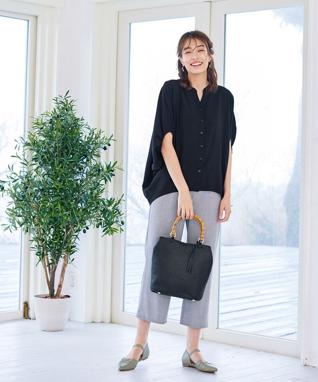 Tiaclasse 【洗える】麻調ドルマンタックシャツ ブラック