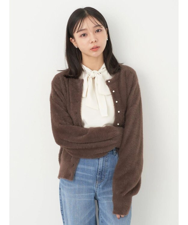 earth music&ecology ミニシャギーパールボタンカーディガン Brown