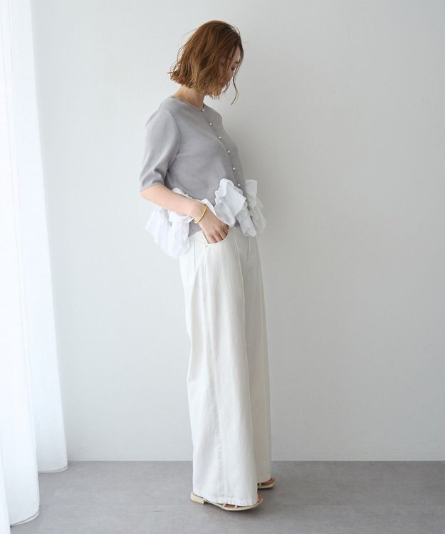 YECCA VECCA パール釦ラッフル5分袖カーディガン Gray mixture