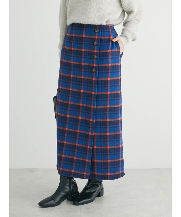 Green Parks シャギーチェックスカート Navy