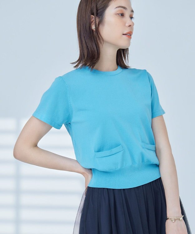 組曲 S 【洗える・6色展開】ポケット付き 半袖ニット ターコイズブルー系