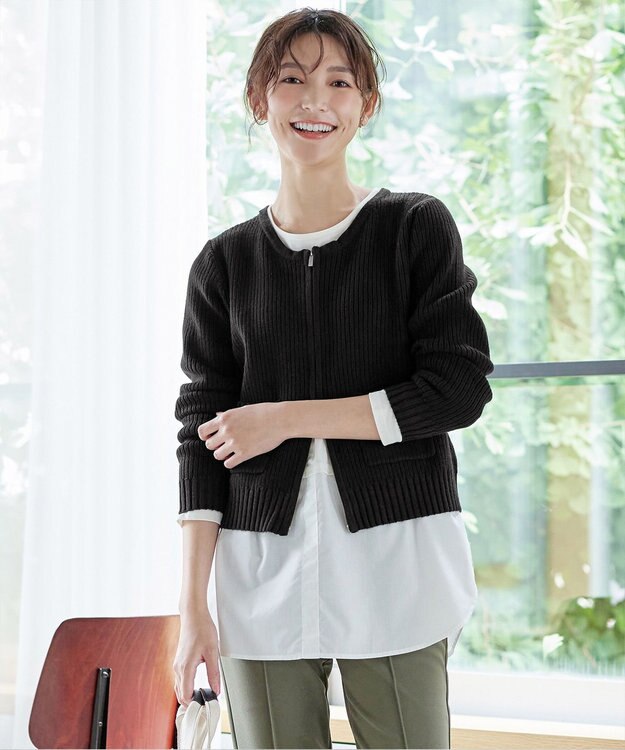 Tiaclasse 【洗える】ダブルジップリブ編みカーディガン ブラック