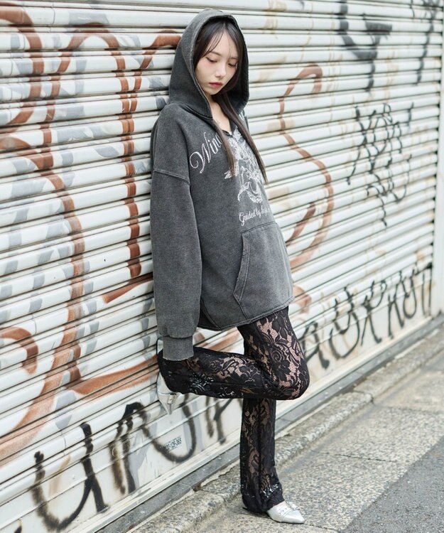 WEGO 【ユニセックス着用ITEM】ヴィンテージグラフィックキーネックプルパーカー ブラックその他