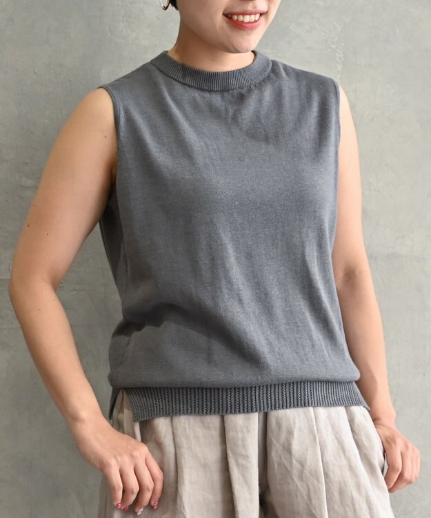 muuc 〈高品質シルク＆スーピマ超長綿〉〈洗えるニット〉ノースリーブボトルネックプルオーバー チャコールグレー