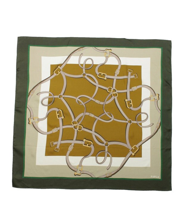 MOONBAT FURLA ビットチェーン柄シルク100%スカーフ 88×88cm オリーブグリーン