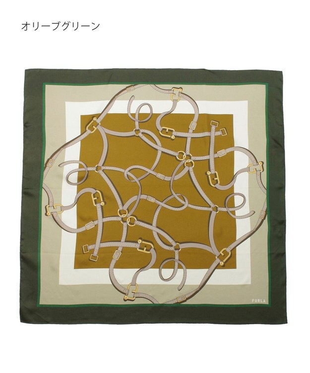 MOONBAT FURLA ビットチェーン柄シルク100%スカーフ 88×88cm オリーブグリーン
