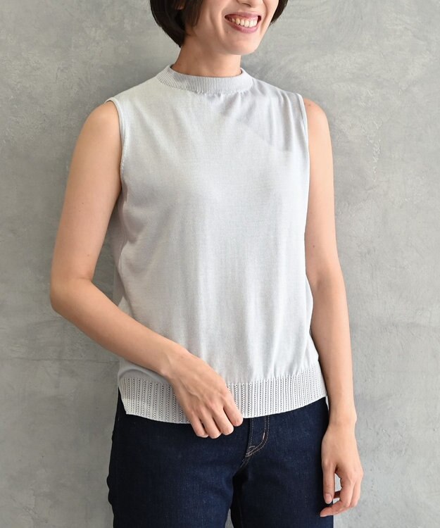 muuc 〈高品質シルク＆スーピマ超長綿〉〈洗えるニット〉ノースリーブボトルネックプルオーバー ライトグレー