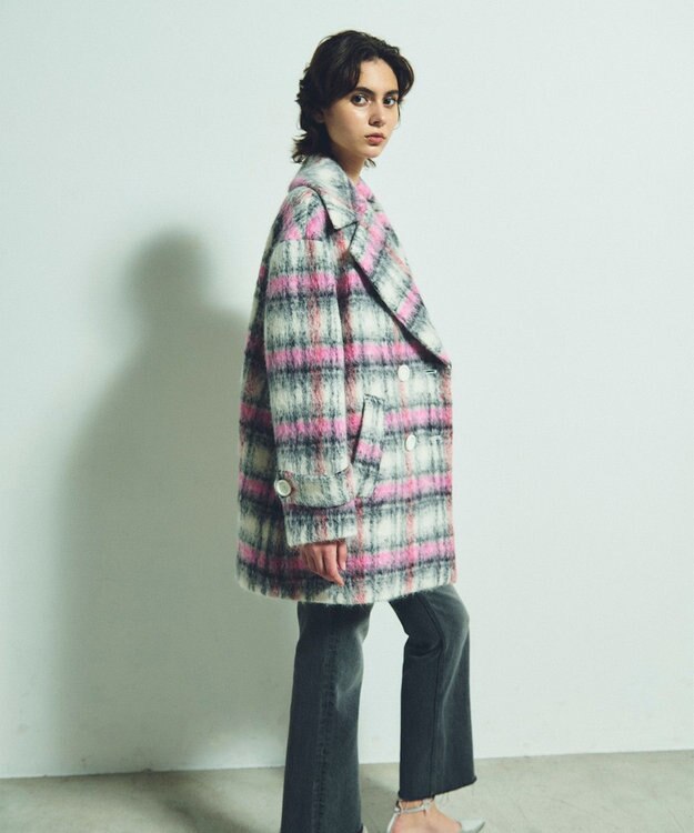 GRACE CONTINENTAL シャギーチェックピーコート ピンク