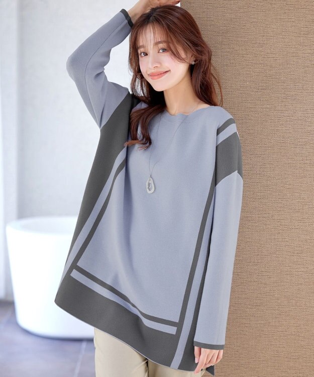 Tiaclasse 【新色追加・洗える】配色ニットチュニック サックス×チャコールグレー