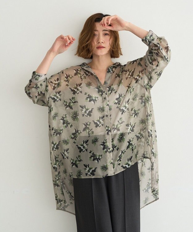 YECCA VECCA フラワー柄シアーロングシャツ Light Khaki