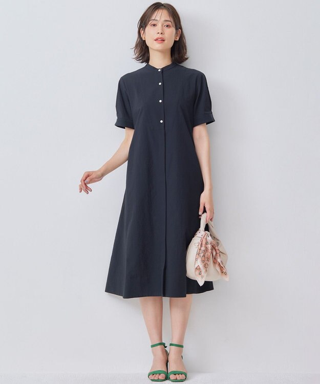 組曲 【WEB限定】サッカーストレッチ バンドカラーワンピース ブラック系