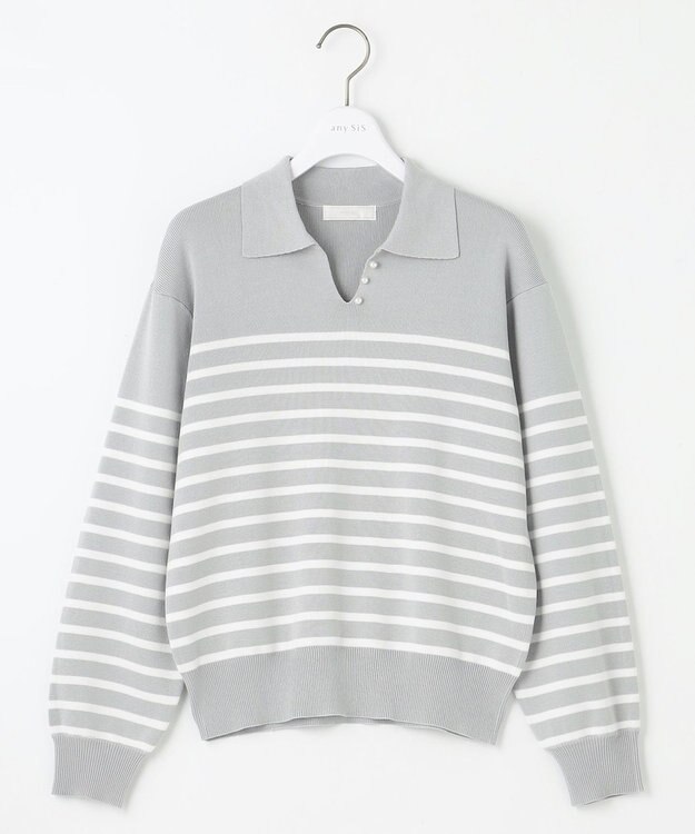 ANY SIS 【洗える】スキッパーポロ襟プルオーバー ニット グレー×オフ