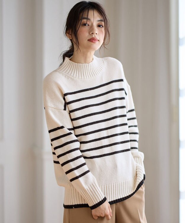 ANY L ラムウールボトルネックプルオーバー エクリュ×ブラック